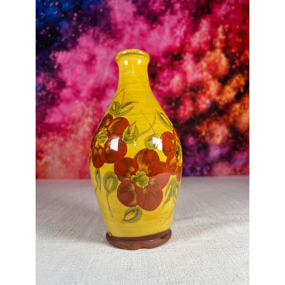 T Comme Terre France Yellow Floral Pottery Vase Hand Painted Terracotta 8.25in